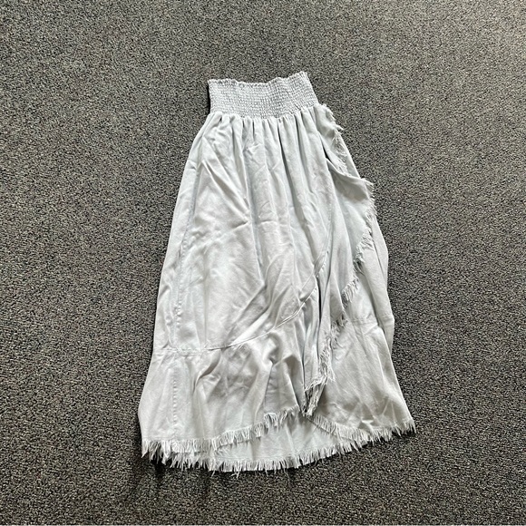 Pastel Baby Blue High Waisted Stretch Midi Maxi Ruffle Frayed Hem Modest Skirt L - Picture 3 of 16